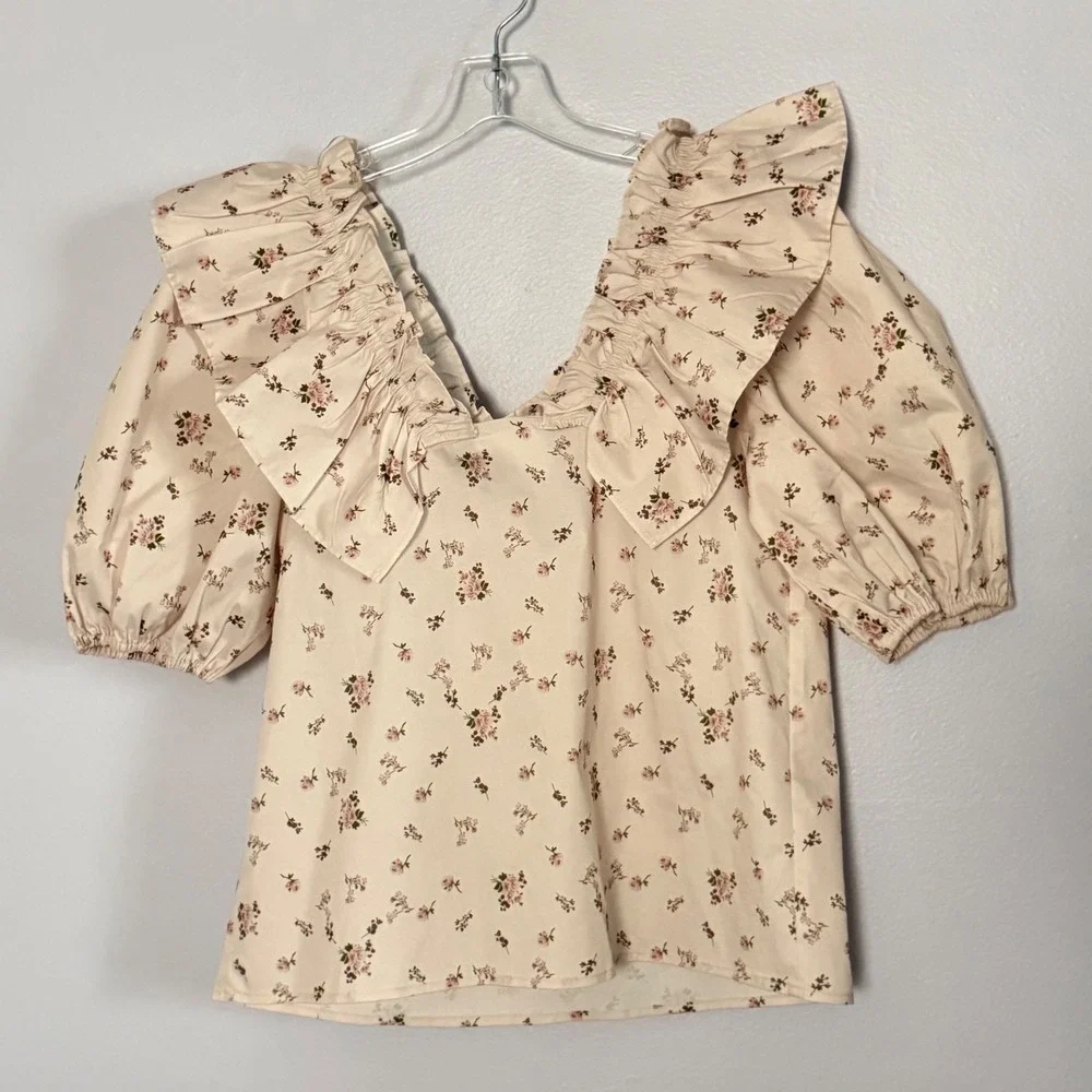 Tuckernuck Hyacinth House Charlotte Ruffle V-Neck Top Floral Puff Sleeve - Small